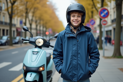Jeune garçon en scooter dans une ville française