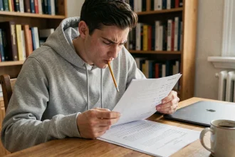 Jeune homme stressé révisant un PDF de vérification de permis de conduire 2026 avec des annotations de moniteur sur un bureau en bois