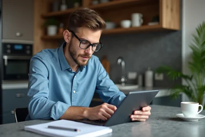 Jeune homme examine un calculateur de recharge électrique sur tablette