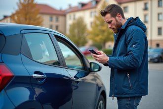 Jeune homme examinant une rayure sur sa voiture compacte