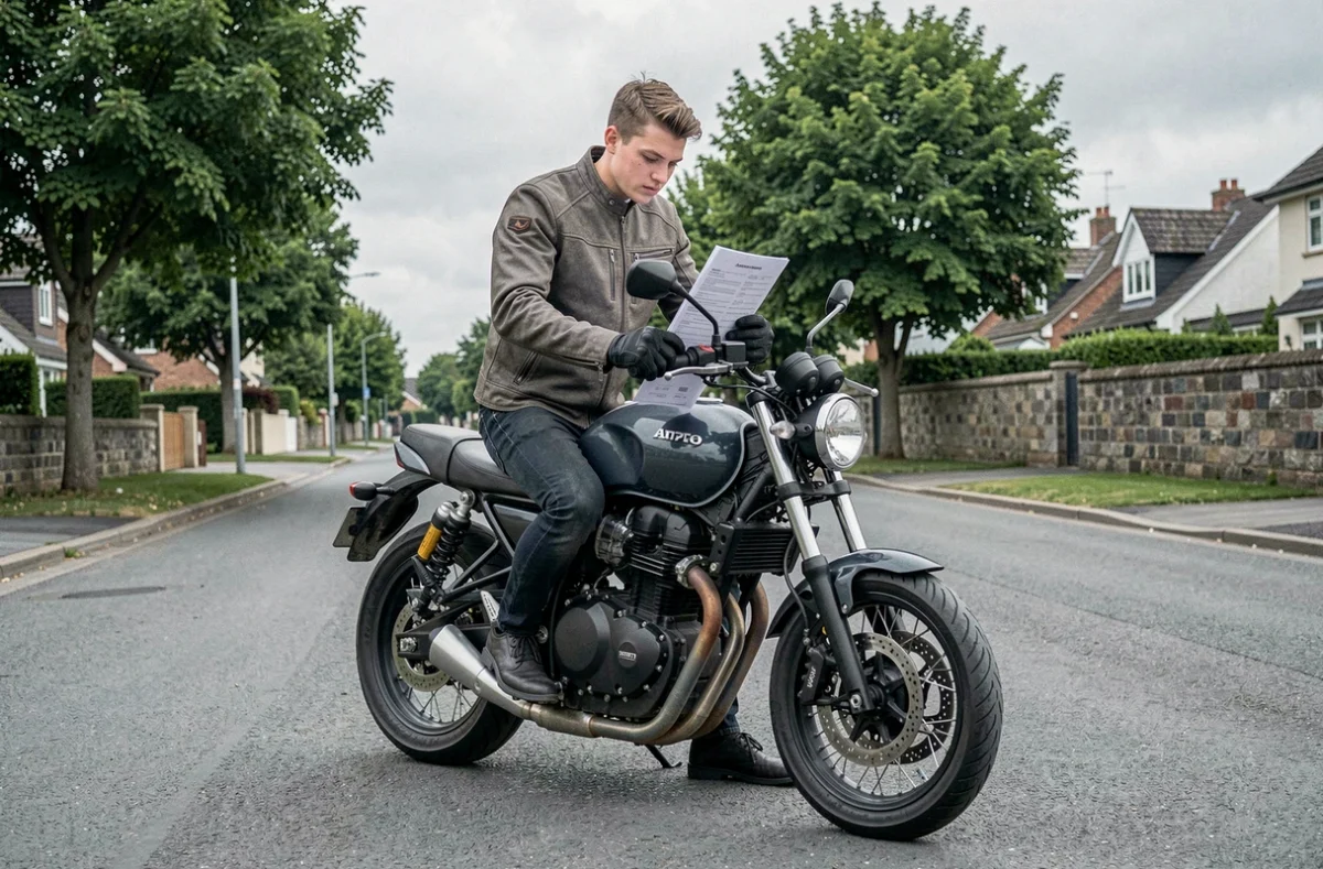 Jeune motard consultant des documents d'assurance moto posés sur son guidon en zone périurbaine