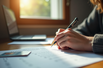 Adolescent remplissant des papiers officiels à son bureau