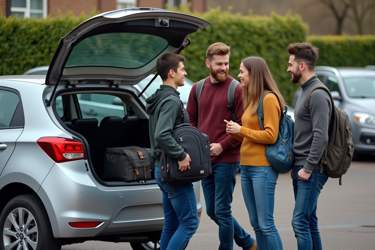 Jeunes adultes chargent leur voiture dans un parking suburbain