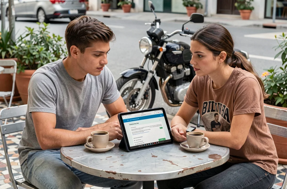 Deux jeunes conducteurs comparant des devis d'assurance moto pas chère en terrasse de café
