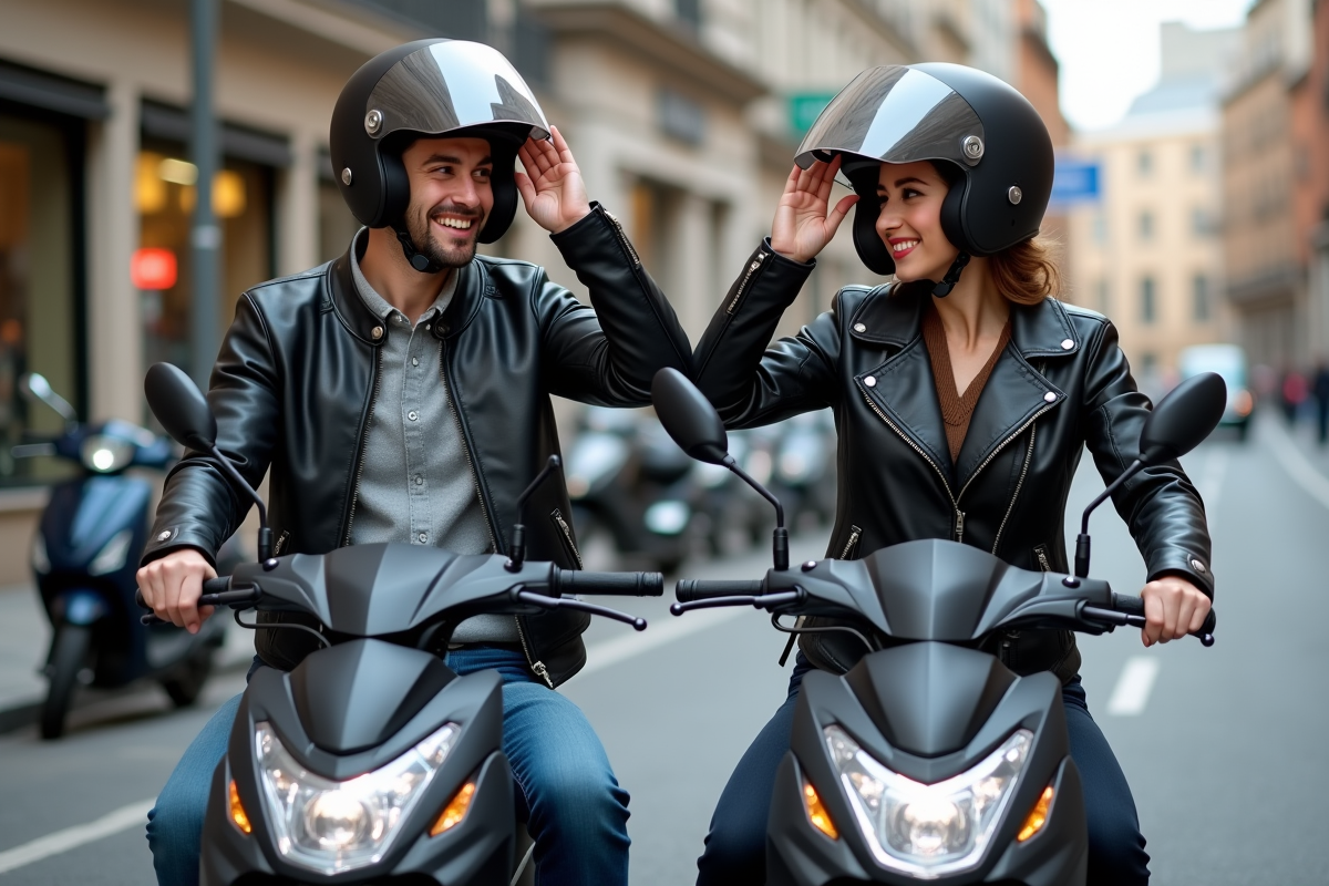 Jeunes adultes ajustant leurs casques en ville