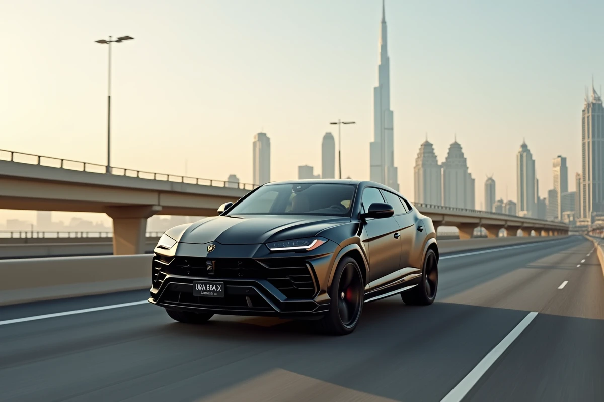 Lamborghini Urus noir mat sur une autoroute surélevée de Dubaï avec la skyline et le Burj Khalifa en arrière-plan
