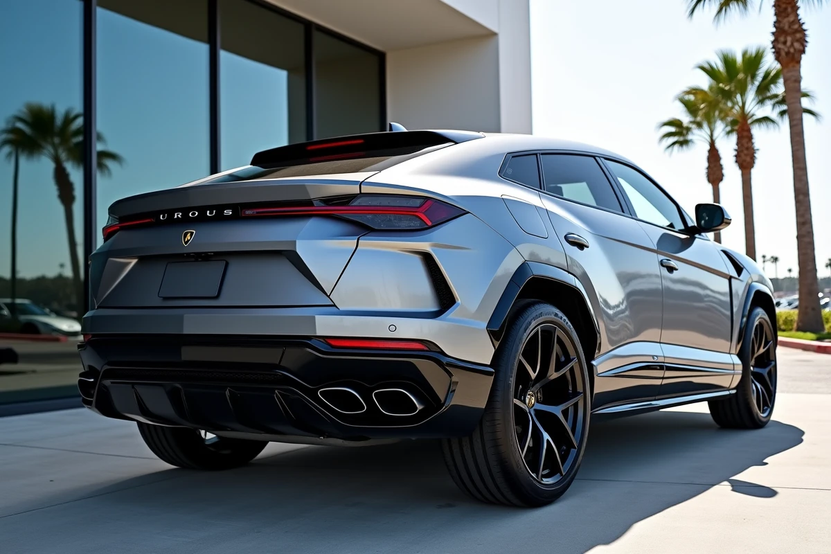 Lamborghini Urus gris métallisé devant un concessionnaire automobile moderne à Los Angeles avec palmiers en arrière-plan