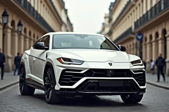 Lamborghini Urus blanc garé sur un boulevard européen pavé avec architecture haussmannienne en arrière-plan