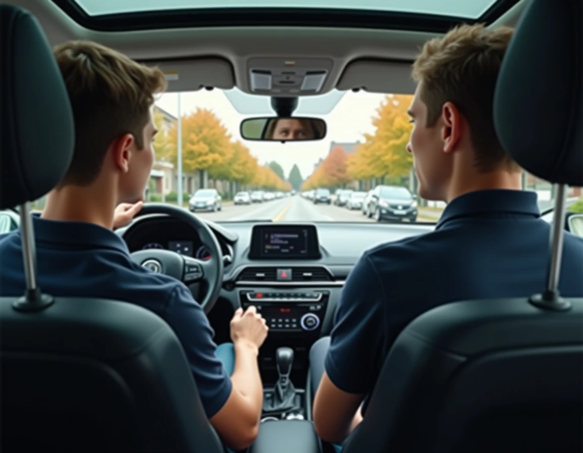 Jeune homme en leçon de conduite dans une voiture auto-école, mains sur le volant, écoutant les conseils de son moniteur en milieu urbain