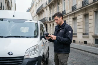 Livreur scannant un colis devant un van de livraison dans une rue parisienne le dimanche matin