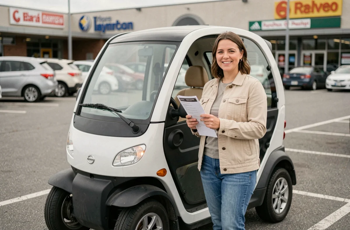 Femme tenant un contrat de location de voiture sans permis dans un parking de grande surface