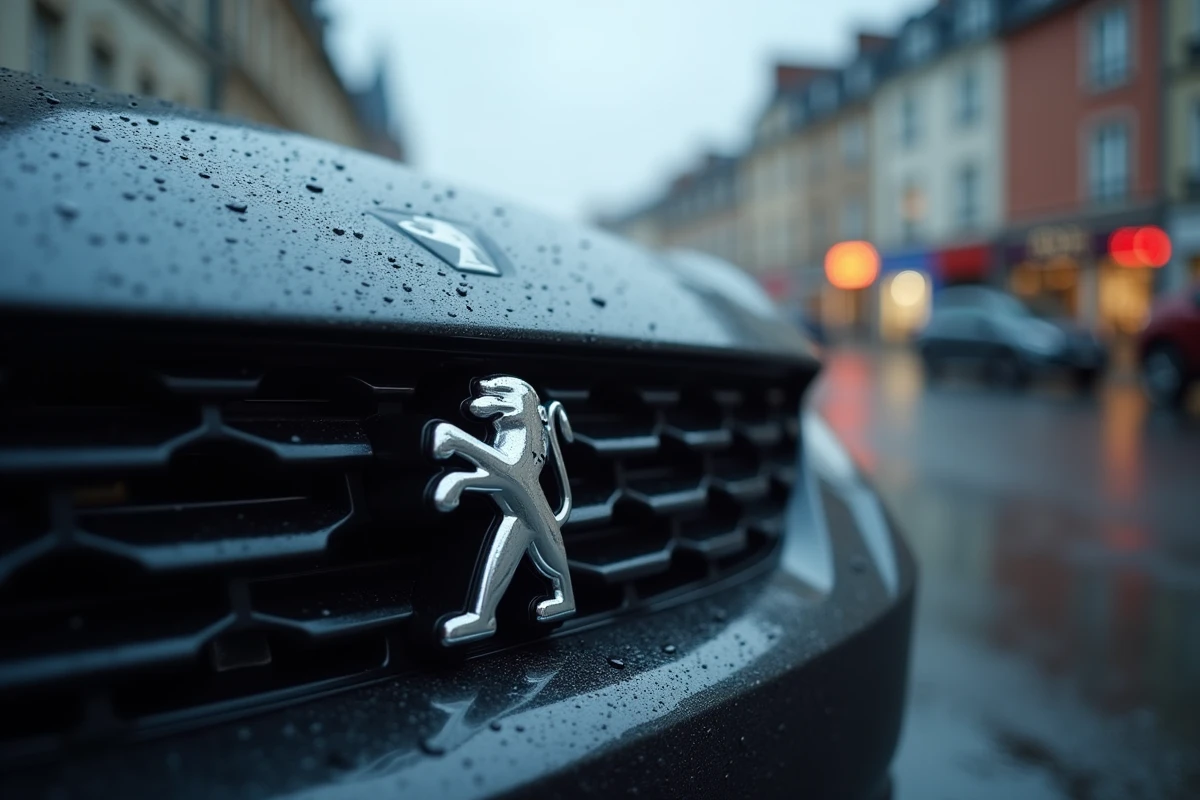 Logo Peugeot moderne sur la calandre d'une berline contemporaine dans une rue urbaine française sous la pluie