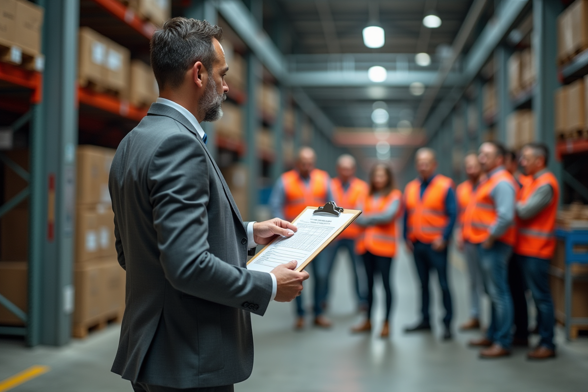 Manager en warehouse pointant un plan de securite au personnel