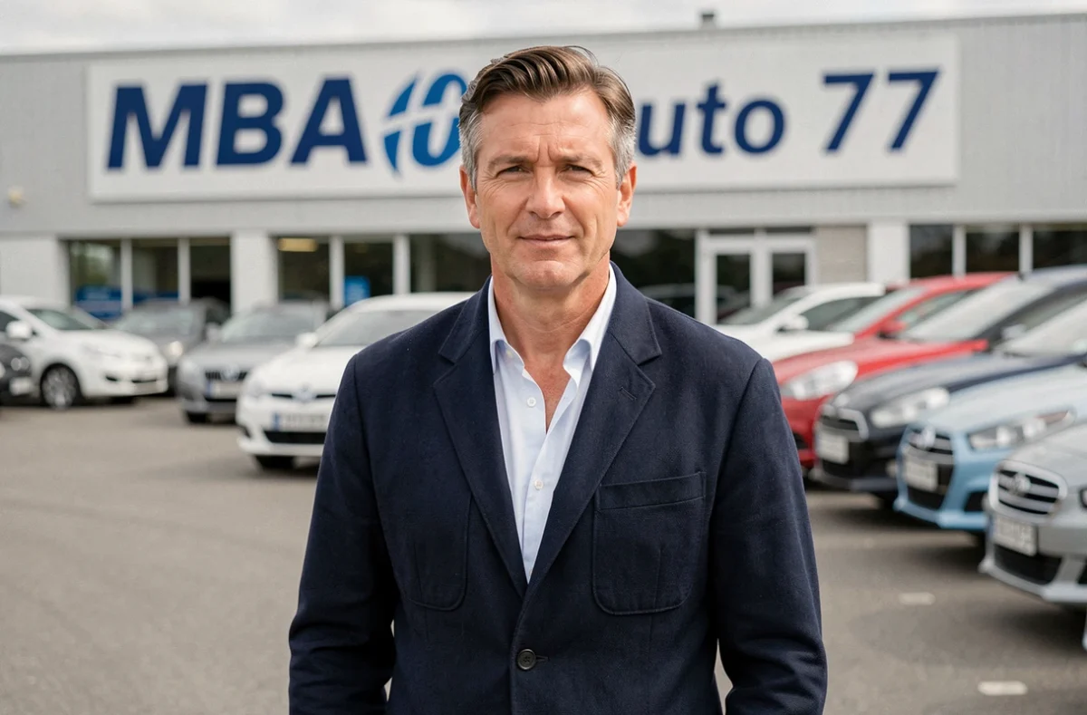 Directeur de MBA Auto 77 debout devant l'enseigne du concessionnaire de voitures d'occasion