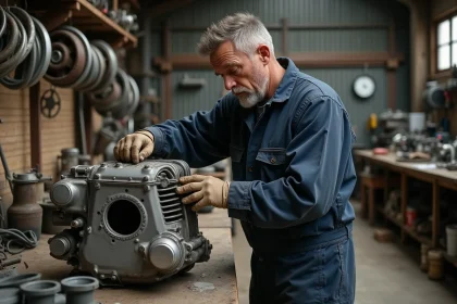 Mécanicien inspectant un moteur de moto d'occasion dans une casse moto en France
