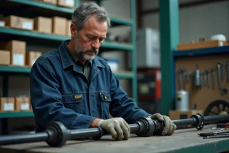 Mécanicien comparant une pièce détachée Erka d'origine et une pièce adaptable pour remorque dans un atelier professionnel