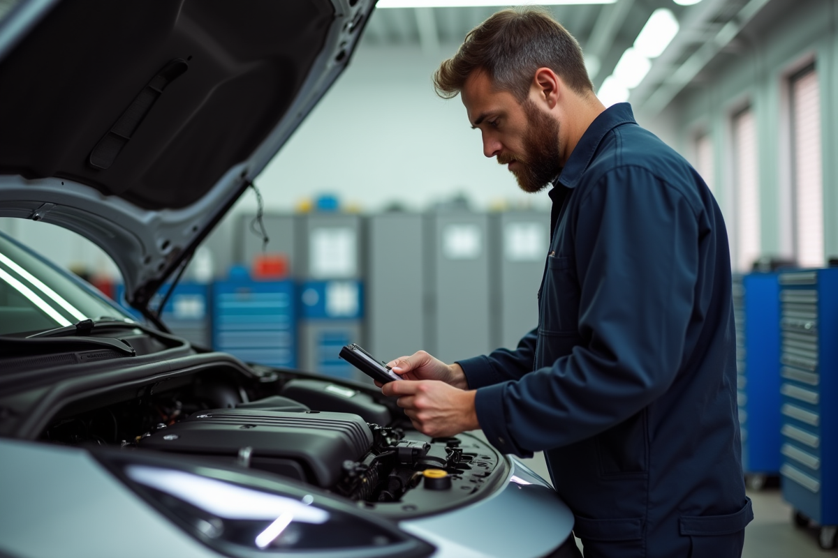 Mécanicien homme en tenue dans un atelier auto moderne