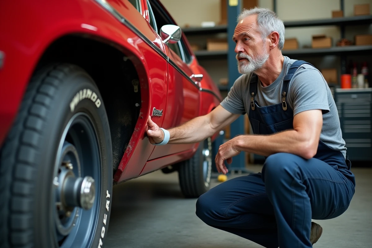 Mécanicien inspectant la suspension d'une Chevrolet Impala 1967 rouge dans un atelier automobile, check-list avant achat