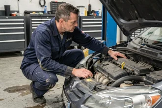 Mécanicien professionnel inspectant le moteur 1.6 BlueHDi dans un atelier automobile moderne