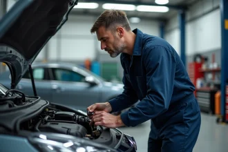 Mécanicien professionnel inspectant le moteur 1.5 BlueHDi 130 d'une voiture compacte dans un atelier automobile moderne