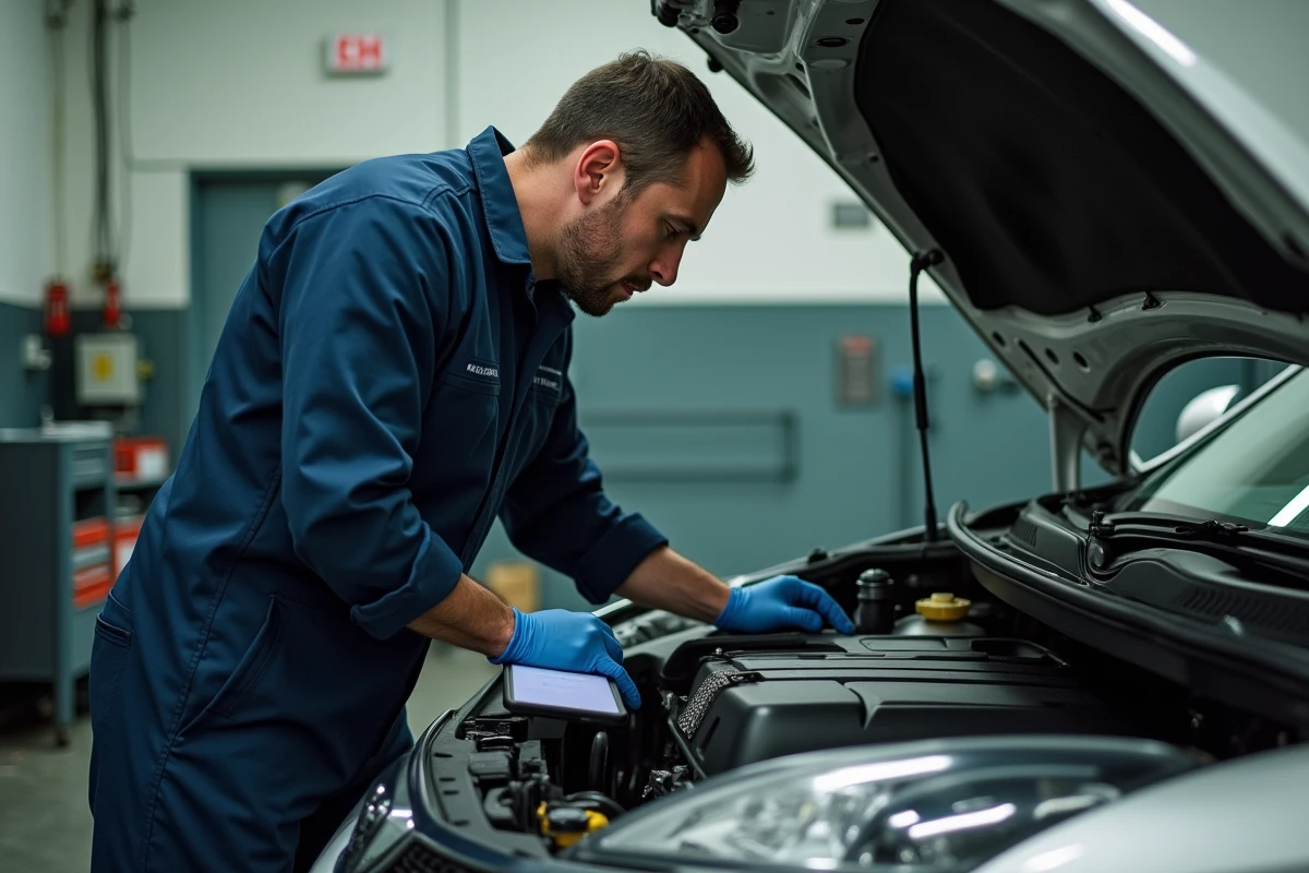Mécanicien inspectant le moteur d'une Nissan Juke dans un garage automobile professionnel