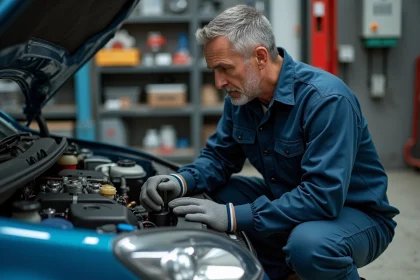 Mécanicien expérimenté inspectant un moteur TCe turbochargé dans un garage automobile professionnel