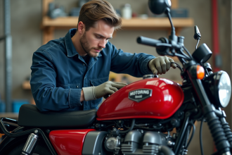 Mécanicien moto ajustant un moteur de 125cc dans un garage organisé