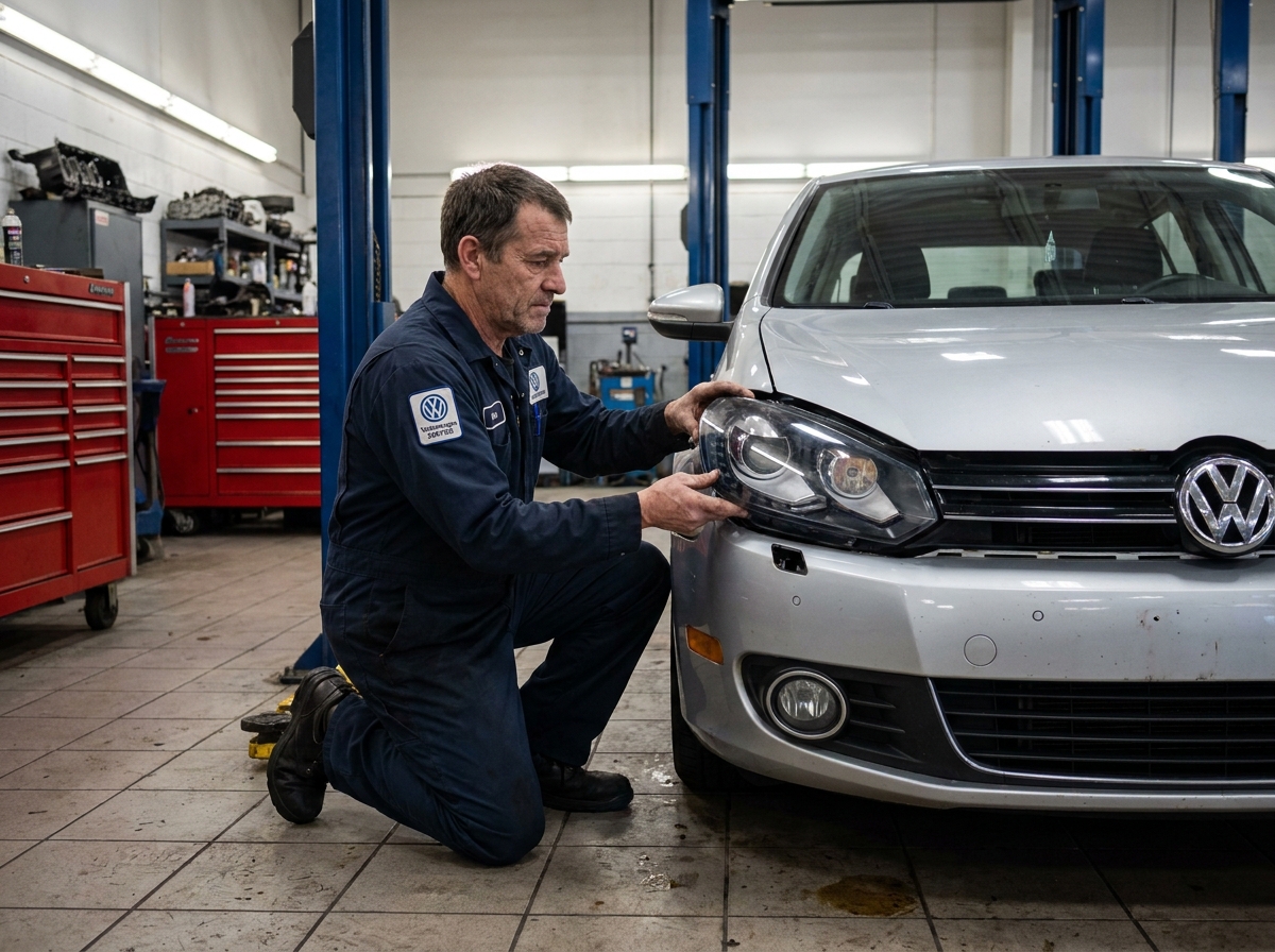 Mécanicien installant un nouveau phare avant sur une Volkswagen Golf 6 dans un garage automobile professionnel