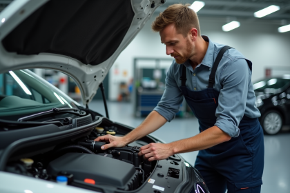 Mécanicien homme examinant le moteur d'une voiture moderne dans un garage