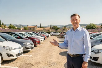 Vue d'ensemble d'un concessionnaire de voitures d'occasion en Provence-Alpes-Côte d'Azur avec un vendeur accueillant