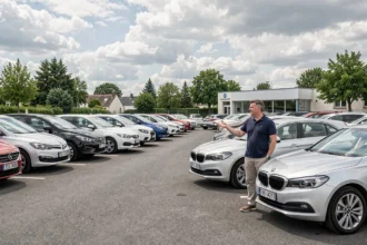Vue d'ensemble d'un parking de voitures d'occasion en Seine-et-Marne avec un vendeur présentant des véhicules