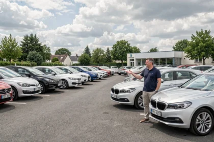 Vue d'ensemble d'un parking de voitures d'occasion en Seine-et-Marne avec un vendeur présentant des véhicules