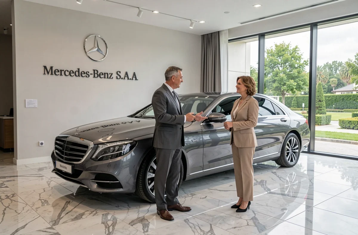 Conseiller de Mercedes-Benz S.A.A. présentant une berline d'occasion à une cliente dans le showroom