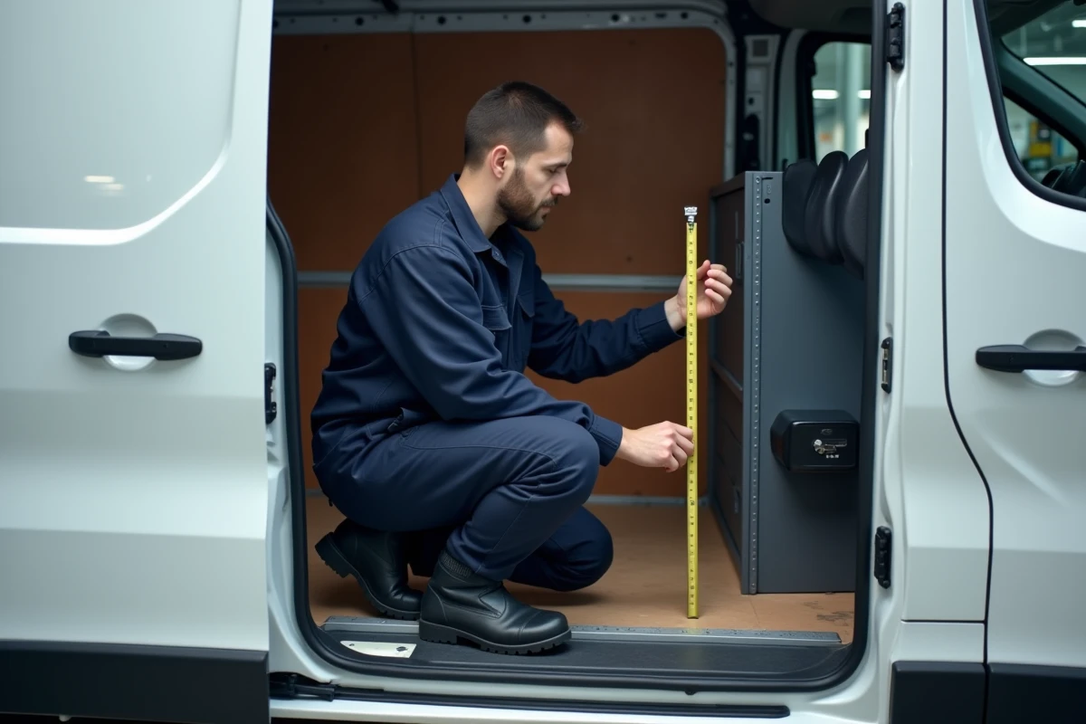 Technicien mesurant la longueur intérieure du Trafic L1H1 après l'installation d'une cloison adaptée