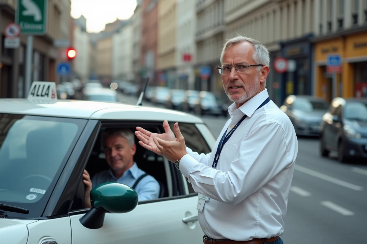 Moniteur d'auto-école expliquant une situation de circulation urbaine à un élève conducteur lors d'une leçon de conduite en ville