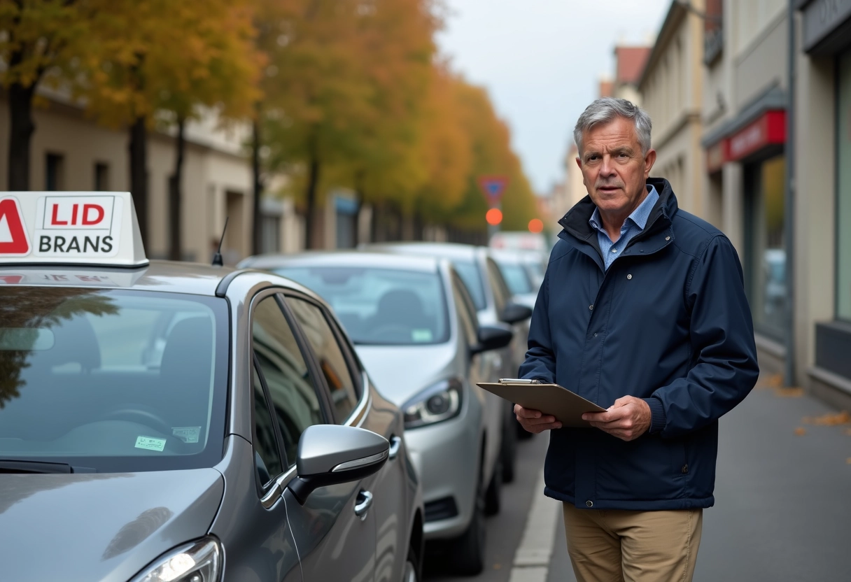 Moniteur de conduite expliquant les règles devant une voiture