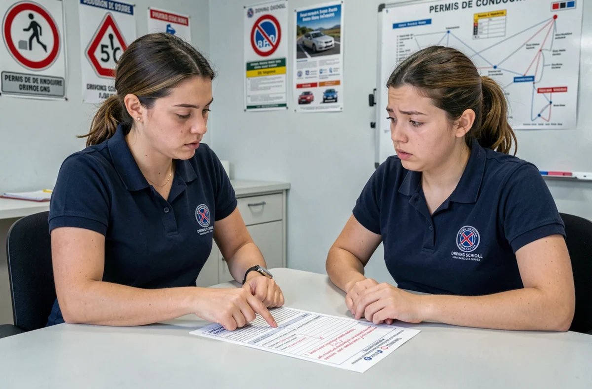Monitrice d'auto-école expliquant les questions de vérification du permis de conduire 2026 à une élève stressée dans une salle de cours
