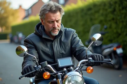 Homme d'âge moyen fixant un GPS sur sa moto en extérieur