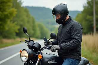 Motard attachant un GPS sur sa moto en campagne