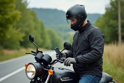 Motard attachant un GPS sur sa moto en campagne