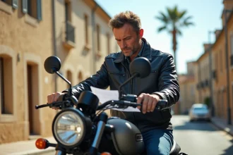 Motard consulte ses documents administratifs d'assurance et carte grise assis sur sa moto à Agde