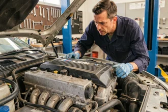 Mécanicien inspectant un moteur BMW M47 diesel dans un atelier automobile professionnel