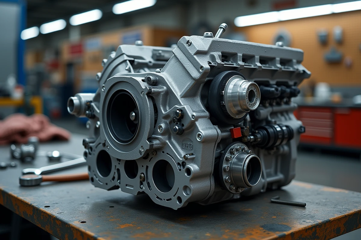 Gros plan d'un moteur TCe démonté sur établi d'atelier, révélant les composants internes et la turbocompression