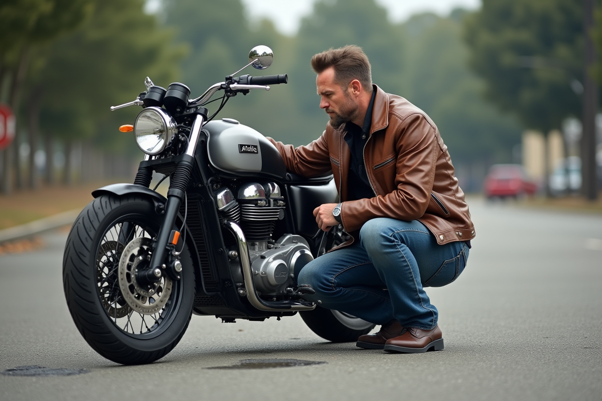 Motard homme examine moteur de moto classique en extérieur