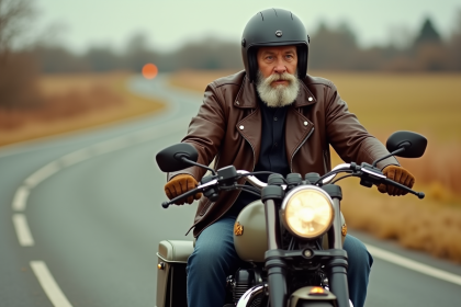 Homme en moto vintage avec sidecar en campagne automnale