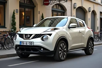 Nissan Juke blanc garé dans une rue urbaine française, vue 3/4 avant mettant en valeur son design distinctif