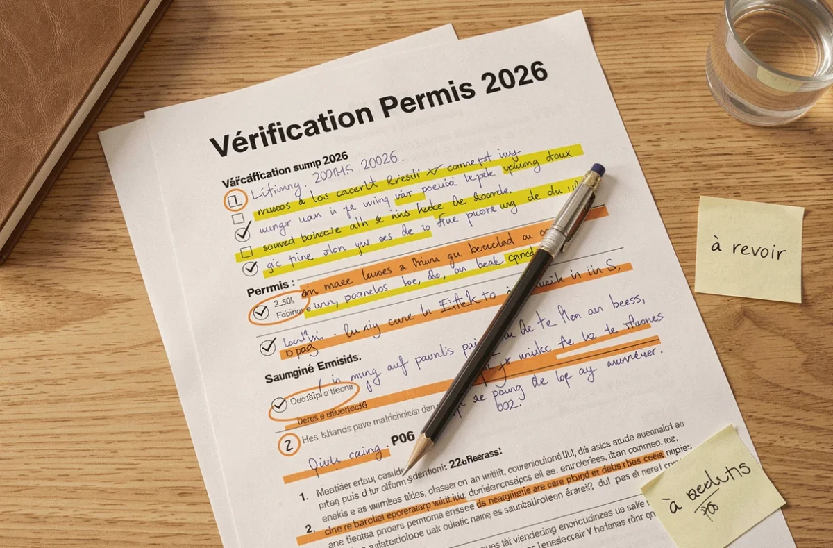Vue en plongée d'un PDF de vérification permis 2026 annoté par un moniteur avec surlignages et notes manuscrites sur un bureau en bois