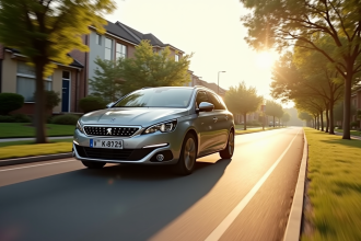 Voiture Peugeot 308 GT Line en conduite en banlieue ensoleillée