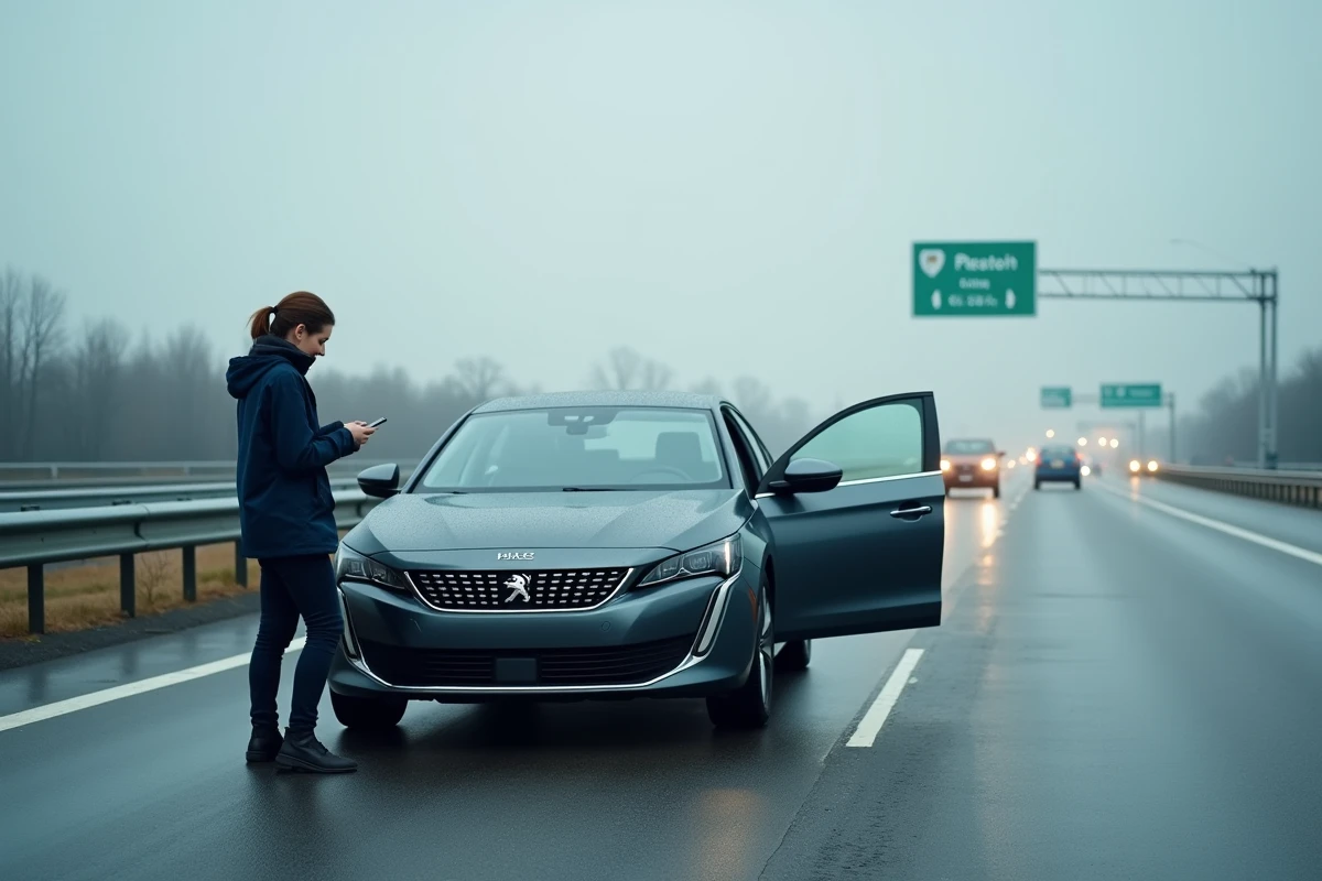 Femme debout à côté d'une Peugeot 508 arrêtée sur la bande d'arrêt d'urgence d'une autoroute après allumage d'un voyant orange