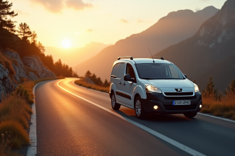 Peugeot Partner Tepee au bord d'une route de montagne au lever du soleil